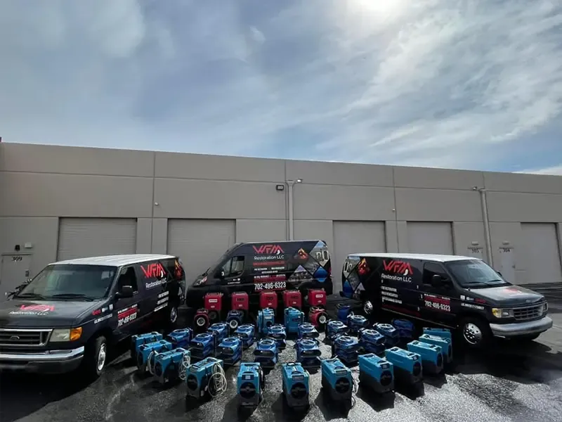 WFM Restoration vans lined up with drying equipment